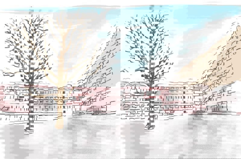 et tre foran en bygning